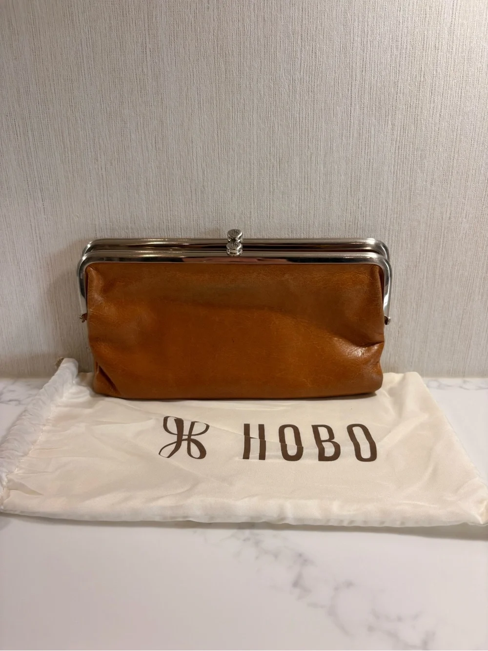 HOBO Cognac Leather Frame Clutch with Silver Hardware